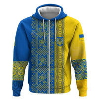 Ukrainian Flag Colors Zip Hoodie with Trident Crest and Traditional Folk Pattern