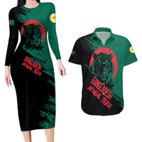 Bangladesh Bengal Tiger Couples Matching Long Sleeve Bodycon Dress and Hawaiian Shirt with National Flag and Emblem Design