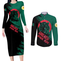 Bangladesh Bengal Tiger Couples Matching Long Sleeve Bodycon Dress and Long Sleeve Button Shirt with National Flag and Emblem Design