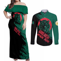 Bangladesh Bengal Tiger Couples Matching Off Shoulder Maxi Dress and Long Sleeve Button Shirt with National Flag and Emblem Design