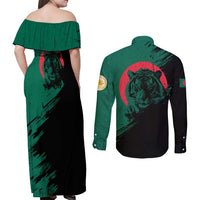 Bangladesh Bengal Tiger Couples Matching Off Shoulder Maxi Dress and Long Sleeve Button Shirt with National Flag and Emblem Design