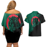 Bangladesh Bengal Tiger Couples Matching Off Shoulder Short Dress and Hawaiian Shirt with National Flag and Emblem Design