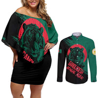 Bangladesh Bengal Tiger Couples Matching Off Shoulder Short Dress and Long Sleeve Button Shirt with National Flag and Emblem Design