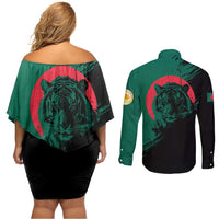 Bangladesh Bengal Tiger Couples Matching Off Shoulder Short Dress and Long Sleeve Button Shirt with National Flag and Emblem Design
