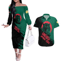 Bangladesh Bengal Tiger Couples Matching Off The Shoulder Long Sleeve Dress and Hawaiian Shirt with National Flag and Emblem Design