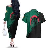 Bangladesh Bengal Tiger Couples Matching Off The Shoulder Long Sleeve Dress and Hawaiian Shirt with National Flag and Emblem Design