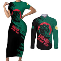 Bangladesh Bengal Tiger Couples Matching Short Sleeve Bodycon Dress and Long Sleeve Button Shirt with National Flag and Emblem Design