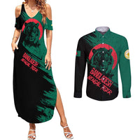 Bangladesh Bengal Tiger Couples Matching Summer Maxi Dress and Long Sleeve Button Shirt with National Flag and Emblem Design
