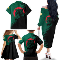 Bangladesh Bengal Tiger Family Matching Off The Shoulder Long Sleeve Dress and Hawaiian Shirt with National Flag and Emblem Design