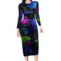 Personalized New Jersey Graffiti Mascot Long Sleeve Bodycon Dress Urban Street Art - Vibrant Neon Spray Paint Aesthetic