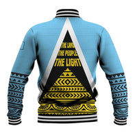 Saint Lucia Tribal Triangle Design Baseball Jacket with Flag Colors and The Land The People The Light Quote - Wonder Print Shop