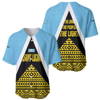 Saint Lucia Tribal Triangle Design Baseball Jersey with Flag Colors and The Land The People The Light Quote - Wonder Print Shop