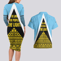 Saint Lucia Tribal Triangle Design Couples Matching Long Sleeve Bodycon Dress and Hawaiian Shirt with Flag Colors and The Land The People The Light Quote - Wonder Print Shop