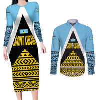Saint Lucia Tribal Triangle Design Couples Matching Long Sleeve Bodycon Dress and Long Sleeve Button Shirt with Flag Colors and The Land The People The Light Quote - Wonder Print Shop