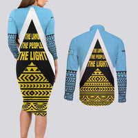 Saint Lucia Tribal Triangle Design Couples Matching Long Sleeve Bodycon Dress and Long Sleeve Button Shirt with Flag Colors and The Land The People The Light Quote - Wonder Print Shop