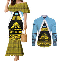 Saint Lucia Tribal Triangle Design Couples Matching Mermaid Dress and Long Sleeve Button Shirt with Flag Colors and The Land The People The Light Quote - Wonder Print Shop