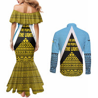 Saint Lucia Tribal Triangle Design Couples Matching Mermaid Dress and Long Sleeve Button Shirt with Flag Colors and The Land The People The Light Quote - Wonder Print Shop