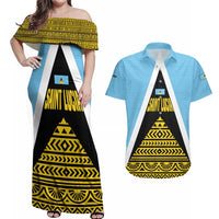 Saint Lucia Tribal Triangle Design Couples Matching Off Shoulder Maxi Dress and Hawaiian Shirt with Flag Colors and The Land The People The Light Quote - Wonder Print Shop