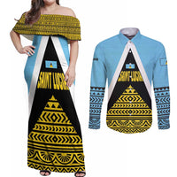 Saint Lucia Tribal Triangle Design Couples Matching Off Shoulder Maxi Dress and Long Sleeve Button Shirt with Flag Colors and The Land The People The Light Quote - Wonder Print Shop