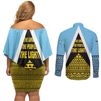 Saint Lucia Tribal Triangle Design Couples Matching Off Shoulder Short Dress and Long Sleeve Button Shirt with Flag Colors and The Land The People The Light Quote - Wonder Print Shop