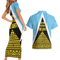 Saint Lucia Tribal Triangle Design Couples Matching Short Sleeve Bodycon Dress and Hawaiian Shirt with Flag Colors and The Land The People The Light Quote - Wonder Print Shop