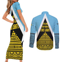 Saint Lucia Tribal Triangle Design Couples Matching Short Sleeve Bodycon Dress and Long Sleeve Button Shirt with Flag Colors and The Land The People The Light Quote - Wonder Print Shop