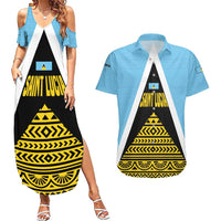 Saint Lucia Tribal Triangle Design Couples Matching Summer Maxi Dress and Hawaiian Shirt with Flag Colors and The Land The People The Light Quote - Wonder Print Shop