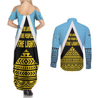 Saint Lucia Tribal Triangle Design Couples Matching Summer Maxi Dress and Long Sleeve Button Shirt with Flag Colors and The Land The People The Light Quote - Wonder Print Shop