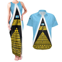 Saint Lucia Tribal Triangle Design Couples Matching Tank Maxi Dress and Hawaiian Shirt with Flag Colors and The Land The People The Light Quote - Wonder Print Shop