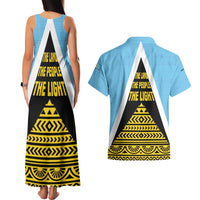 Saint Lucia Tribal Triangle Design Couples Matching Tank Maxi Dress and Hawaiian Shirt with Flag Colors and The Land The People The Light Quote - Wonder Print Shop