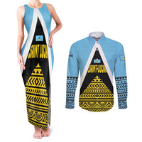 Saint Lucia Tribal Triangle Design Couples Matching Tank Maxi Dress and Long Sleeve Button Shirt with Flag Colors and The Land The People The Light Quote - Wonder Print Shop