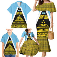Saint Lucia Tribal Triangle Design Family Matching Mermaid Dress and Hawaiian Shirt with Flag Colors and The Land The People The Light Quote - Wonder Print Shop