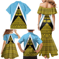 Saint Lucia Tribal Triangle Design Family Matching Mermaid Dress and Hawaiian Shirt with Flag Colors and The Land The People The Light Quote - Wonder Print Shop
