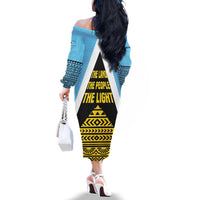 Saint Lucia Tribal Triangle Design Family Matching Off The Shoulder Long Sleeve Dress and Hawaiian Shirt with Flag Colors and The Land The People The Light Quote - Wonder Print Shop