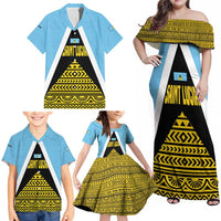 Saint Lucia Tribal Triangle Design Family Matching Off Shoulder Maxi Dress and Hawaiian Shirt with Flag Colors and The Land The People The Light Quote - Wonder Print Shop