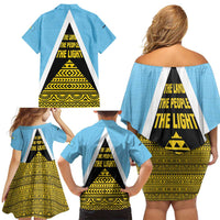 Saint Lucia Tribal Triangle Design Family Matching Off Shoulder Short Dress and Hawaiian Shirt with Flag Colors and The Land The People The Light Quote - Wonder Print Shop