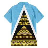Saint Lucia Tribal Triangle Design Family Matching Off Shoulder Short Dress and Hawaiian Shirt with Flag Colors and The Land The People The Light Quote - Wonder Print Shop