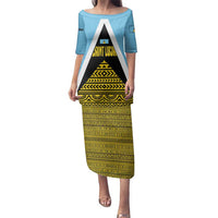 Saint Lucia Tribal Triangle Design Family Matching Puletasi and Hawaiian Shirt with Flag Colors and The Land The People The Light Quote - Wonder Print Shop