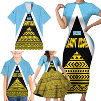 Saint Lucia Tribal Triangle Design Family Matching Short Sleeve Bodycon Dress and Hawaiian Shirt with Flag Colors and The Land The People The Light Quote - Wonder Print Shop