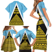 Saint Lucia Tribal Triangle Design Family Matching Short Sleeve Bodycon Dress and Hawaiian Shirt with Flag Colors and The Land The People The Light Quote - Wonder Print Shop