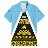 Saint Lucia Tribal Triangle Design Family Matching Short Sleeve Bodycon Dress and Hawaiian Shirt with Flag Colors and The Land The People The Light Quote - Wonder Print Shop
