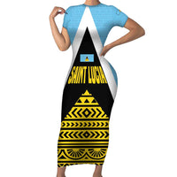 Saint Lucia Tribal Triangle Design Family Matching Short Sleeve Bodycon Dress and Hawaiian Shirt with Flag Colors and The Land The People The Light Quote - Wonder Print Shop