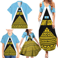 Saint Lucia Tribal Triangle Design Family Matching Summer Maxi Dress and Hawaiian Shirt with Flag Colors and The Land The People The Light Quote - Wonder Print Shop