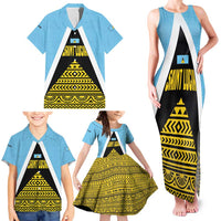 Saint Lucia Tribal Triangle Design Family Matching Tank Maxi Dress and Hawaiian Shirt with Flag Colors and The Land The People The Light Quote - Wonder Print Shop