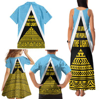 Saint Lucia Tribal Triangle Design Family Matching Tank Maxi Dress and Hawaiian Shirt with Flag Colors and The Land The People The Light Quote - Wonder Print Shop