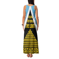 Saint Lucia Tribal Triangle Design Family Matching Tank Maxi Dress and Hawaiian Shirt with Flag Colors and The Land The People The Light Quote - Wonder Print Shop