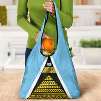 Saint Lucia Tribal Triangle Design Grocery Bag with Flag Colors and The Land The People The Light Quote - Wonder Print Shop
