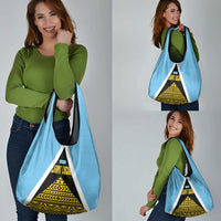 Saint Lucia Tribal Triangle Design Grocery Bag with Flag Colors and The Land The People The Light Quote - Wonder Print Shop