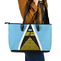 Saint Lucia Tribal Triangle Design Leather Tote Bag with Flag Colors and The Land The People The Light Quote - Wonder Print Shop