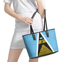 Saint Lucia Tribal Triangle Design Leather Tote Bag with Flag Colors and The Land The People The Light Quote - Wonder Print Shop